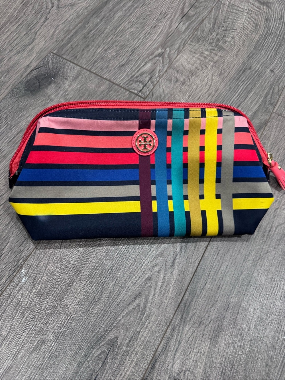 Tory Burch Striped Cosmetic Pouch in Navy, Pink & Yellow